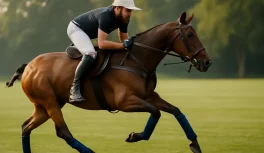 Polo rider in navy shirt and white helmet in athletic position on a chestnut horse with blue leg wraps during a conditioning training session