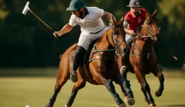 Two polo players on horseback competing for the ball during a professional match, one executing a mallet swing under golden afternoon light