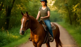 Young woman beginner rider on a calm sorrel Quarter Horse walking a green forest trail at golden hour in the American West