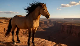 Wild dun mustang stallion on the edge of a dramatic American West canyon cliff, mane in the wind, vast landscape below