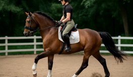 Jinete pidiendo el galope al caballo desde el trote en una pista ecuestre, entrada limpia y equilibrada