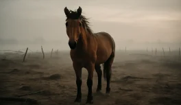 Noble bay horse in a misty World War I battlefield at dawn with barbed wire in the distance, evoking War Horse