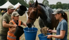 Equipo de apoyo hidratando y alimentando caballo de enduro en parada de vet gate