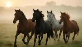 Manada de cavalos de diferentes pelagens galopando juntos em campo aberto com névoa matinal