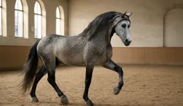 Caballo Lusitano gris en trote reunido durante sesión de dressage