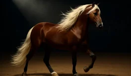 Caballo Paso Fino castaño oscuro con crines blancas ejecutando su marcha lateral natural en pista