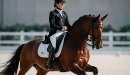 Cavaleira olímpica em uniforme oficial sobre cavalo de adestramento