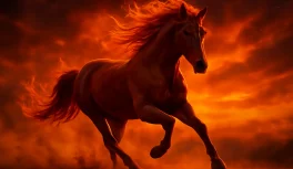 Caballo de pelaje rojo intenso galopando con fondo de cielo flamígero al atardecer