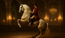 Cavalo Alter Real executando levada no Picadeiro Real do Palácio de Queluz com cavaleiro em traje da corte portuguesa