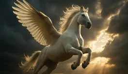 Cavalo alado branco inspirado em Pégaso em voo dramático contra céu com nuvens e raios de luz