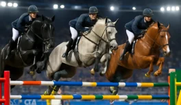 Tres caballos de salto de diferentes capas superando obstáculos olímpicos en arena internacional
