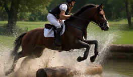 Cavalo saltando obstáculo de água no CCE olímpico