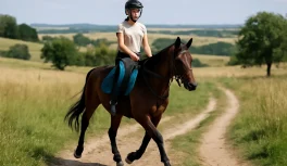 Cavaleiro iniciante com cavalo em trilha natural durante treino de enduro equestre