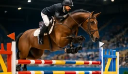 Rider and horse at the peak of a jump over a colorful oxer obstacle in a show jumping arena