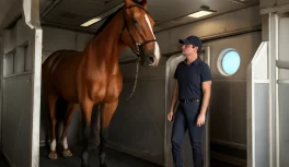 Olympic horse inside individual air stall on cargo plane