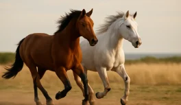Dois cavalos de pelagens diferentes galopando juntos em harmonia em campo aberto
