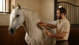 Groom escovando a crina abundante e sedosa de um cavalo Lusitano em estábulo iluminado naturalmente