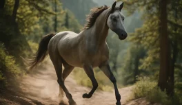 Athletic Arabian horse trotting on mountain trail during endurance training