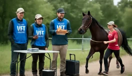 Veterinary panel examining horse at vet gate checkpoint during endurance ride
