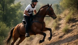 Rider training endurance horse on steep uphill trail in natural terrain