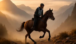 Rider and horse on mountain trail at dawn during equestrian endurance competition