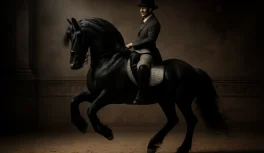 Cavalo Friesian negro executando piaffe em arena de equitação barroca clássica