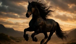 Black Friesian horse galloping dramatically through cinematic epic landscape with flowing mane