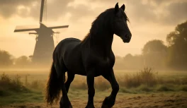Black Friesian horse in Dutch historical countryside landscape with windmill silhouette