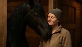 Black Friesian horse gently nuzzling rider showing trusting gentle temperament
