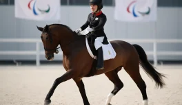 Cavaleiro paralímpico em pista de adestramento com bandeiras paralímpicas