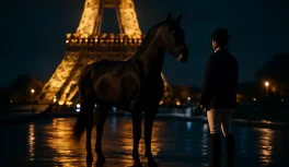 Cavalo negro elegante em frente à Torre Eiffel iluminada à noite com atmosfera cinematográfica