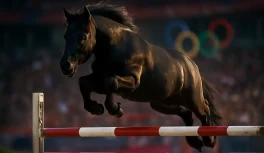 Pequeño caballo negro saltando obstáculo vertical en arena olímpica de salto ecuestre