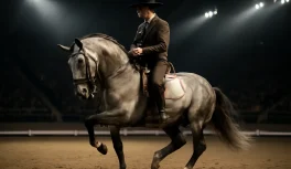 Lusitano horse performing piaffe in dressage arena with rider in classical Portuguese attire