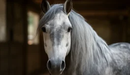 Portrait of a gray Lusitano horse with expressive intelligent eyes