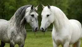 Dois cavalos ibéricos lado a lado — Lusitano cinza rodado e Andaluz PRE branco — mostrando semelhanças e diferenças das raças