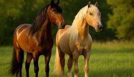 Bay Mangalarga Marchador and palomino Paso Fino side by side in a green field at golden hour