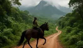 Cavaleiro em cavalo de marcha em trilha paisagística pela Mata Atlântica brasileira com montanhas ao fundo