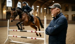 Treinador experiente de hipismo observando cavaleiro e cavalo saltando obstáculo em arena europeia