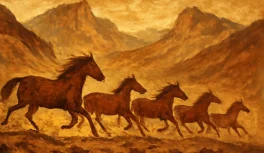 Caballos ibéricos salvajes galopando en paisaje de la Península Ibérica al atardecer