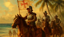Escena histórica de conquistadores españoles a caballo llegando al Caribe con palmeras y mar al fondo