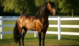 Elegant golden bay Paso Fino stallion at a premium breeding farm with white fencing and green pastures
