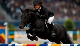 Jinete de salto ecuestre con uniforme formal saltando obstáculo colorido sobre caballo negro