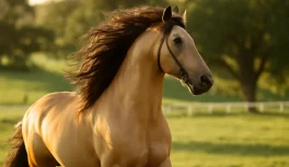 Semental Lusitano con crines al viento en haras portugués con paisaje verde al fondo