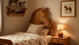 Habitación infantil con tema de caballos — cabecero de madera tallada y ropa de cama ecuestre