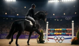 Cavalo negro e cavaleiro em arena olímpica de hipismo à noite com público lotado em fundo dramático