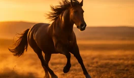 Cavalo de pelagem baia galopando em campo aberto ao pôr do sol transmitindo liberdade e vitalidade