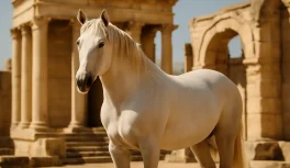 Cavalo branco majestoso em frente a ruínas gregas clássicas em luz mediterrânea quente