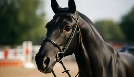 Retrato expressivo de cavalo negro de hipismo com olhos atentos e postura alerta em arena
