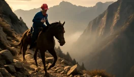 Cavaleiro e cavalo em trilha rochosa dramática da Sierra Nevada durante o Tevis Cup