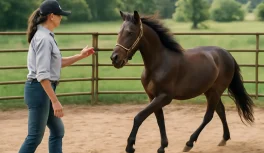 Treinador trabalhando com Paso Fino jovem em redondel, cavalo em marcha natural, campo verde ao fundo